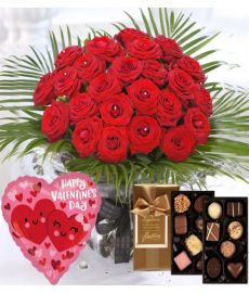 24 Luxury Red Roses & Chocs & Balloon