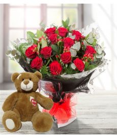 Dozen Red Roses & Teddy