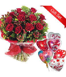 12 Red Roses & Balloon Bouquet