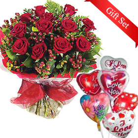 12 Red Roses & Balloon Bouquet